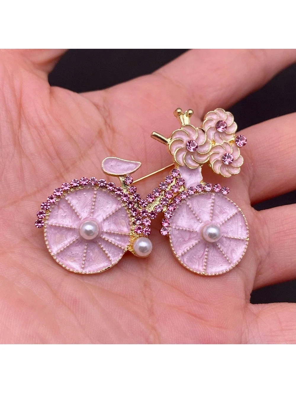 Rhinestone Inlaid Pink Enamel Bike Brooch